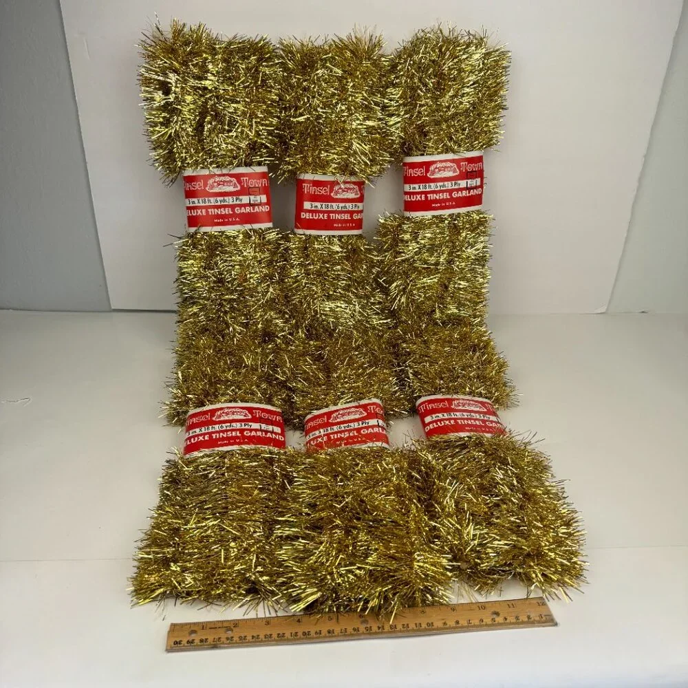6 Vtg Gold Garland Tinsel Town 18 ft each Strand Christmas Holiday Prop USA Made